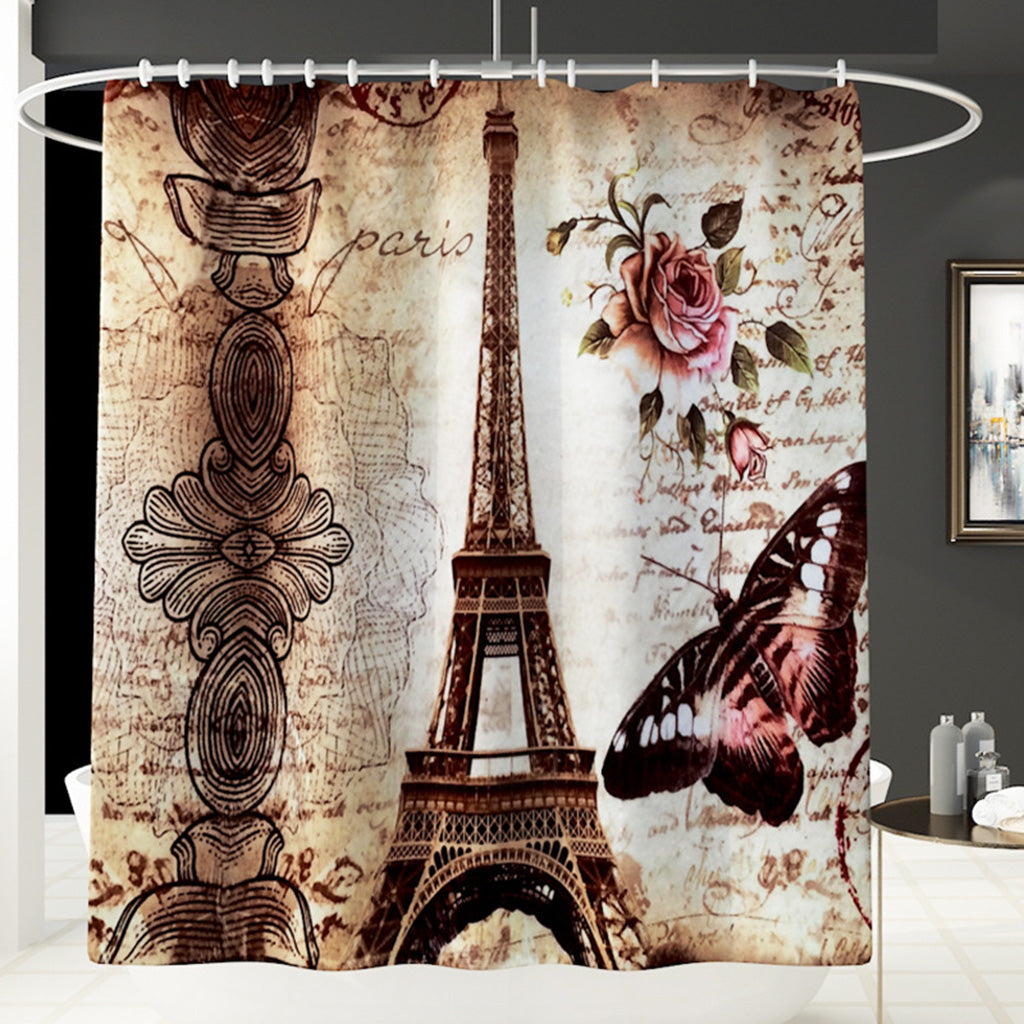 Bath Shower Curtain Bathroom Supply Eiffel Tower/Mountain Stream Print Brown