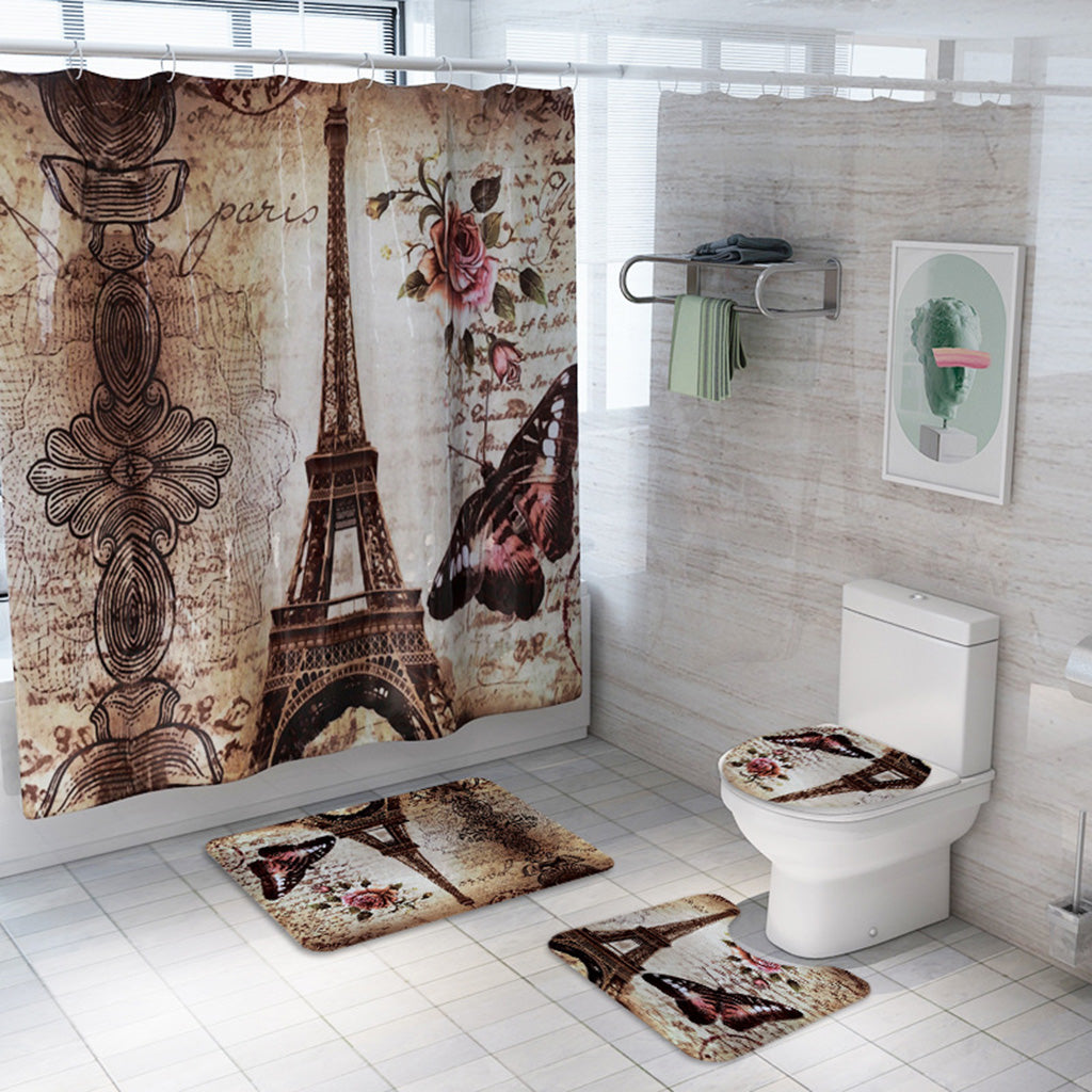 Bath Shower Curtain Bathroom Supply Eiffel Tower/Mountain Stream Print Brown