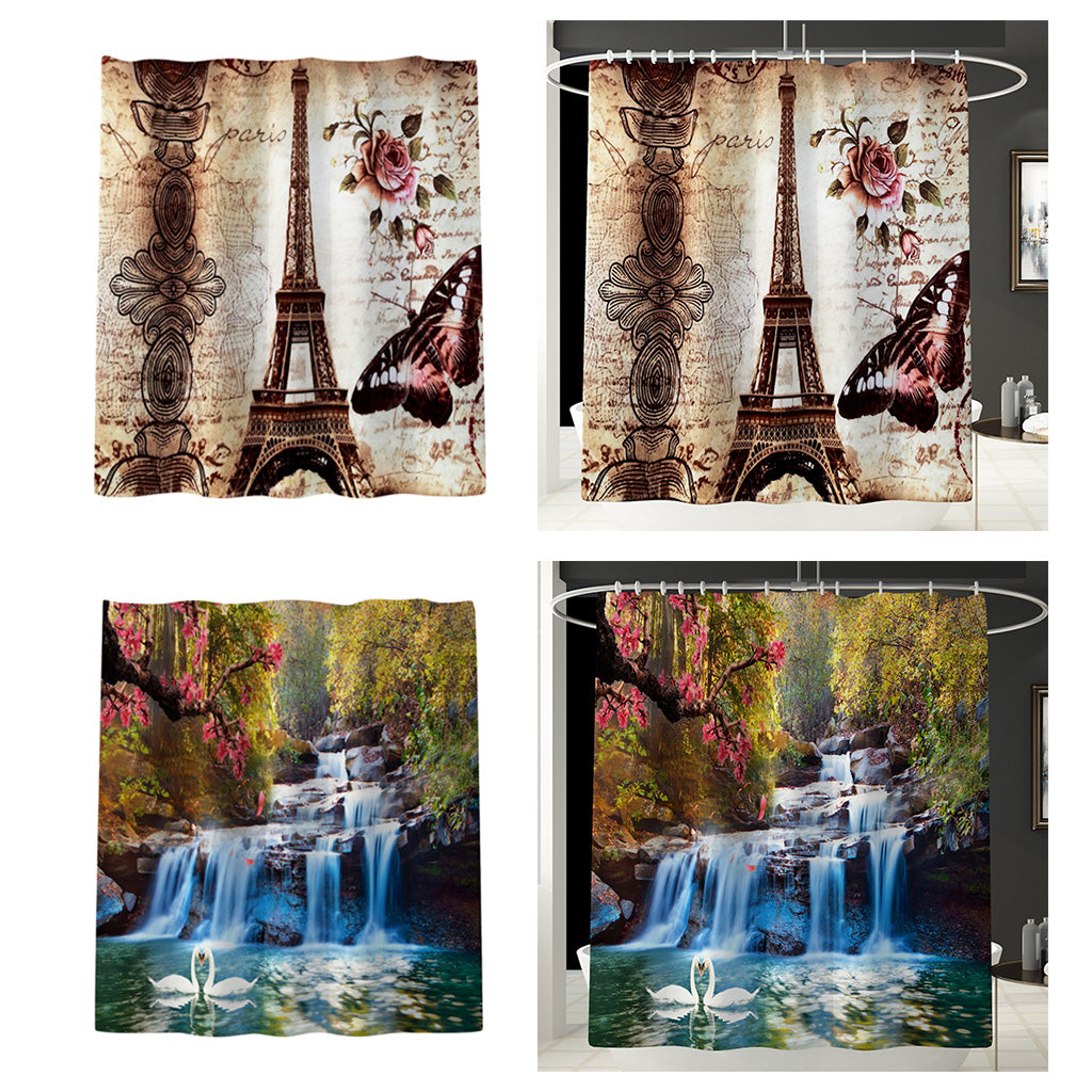 Bath Shower Curtain Bathroom Supply Eiffel Tower/Mountain Stream Print Brown