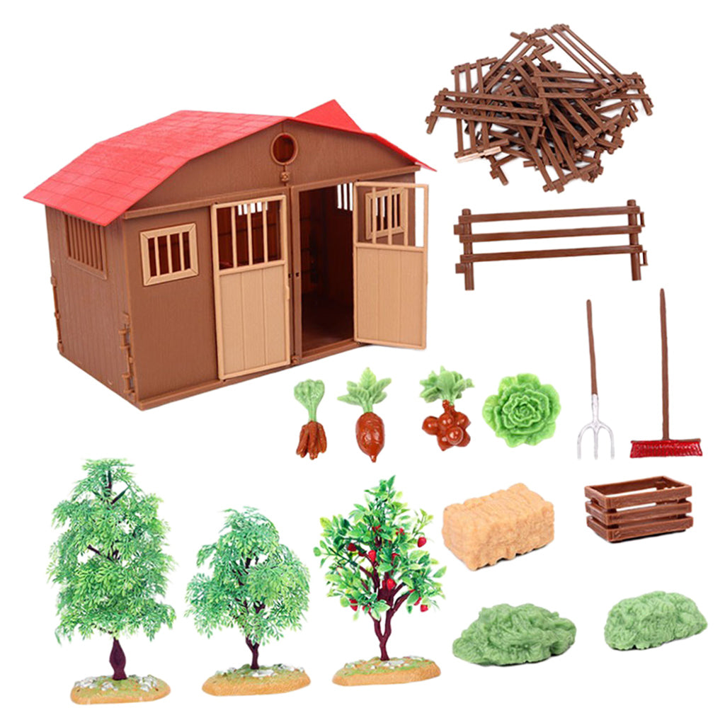 Simulation Farm Model Plastic House Trees Vegetables Fence Toy Playset