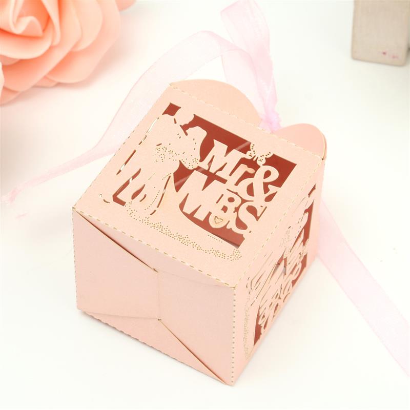 50pcs Mr&Mrs Bride Groom Laser Cut Gift Candy Boxes Wedding Party Favor Pink