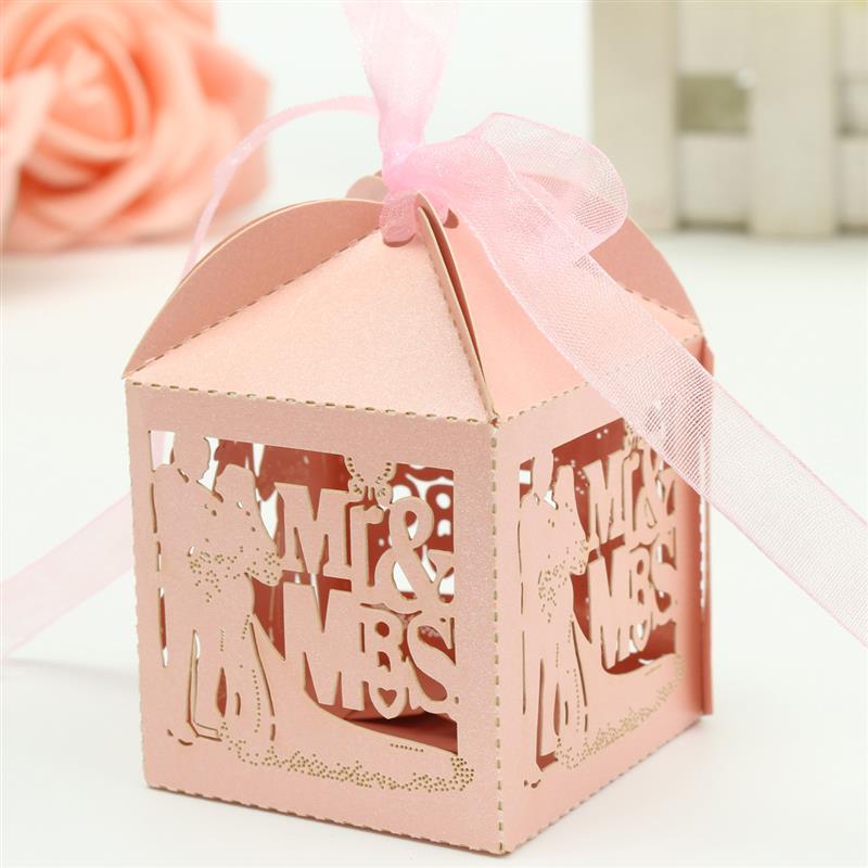 50pcs Mr&Mrs Bride Groom Laser Cut Gift Candy Boxes Wedding Party Favor Pink