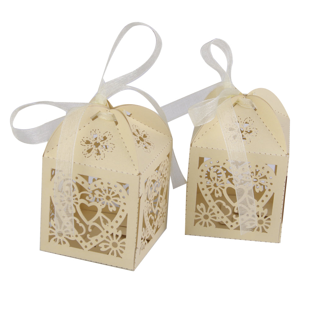 50pcs Wedding Candy Box Heart Laser Cut Candle Lampshade w/ Ribbon Beige