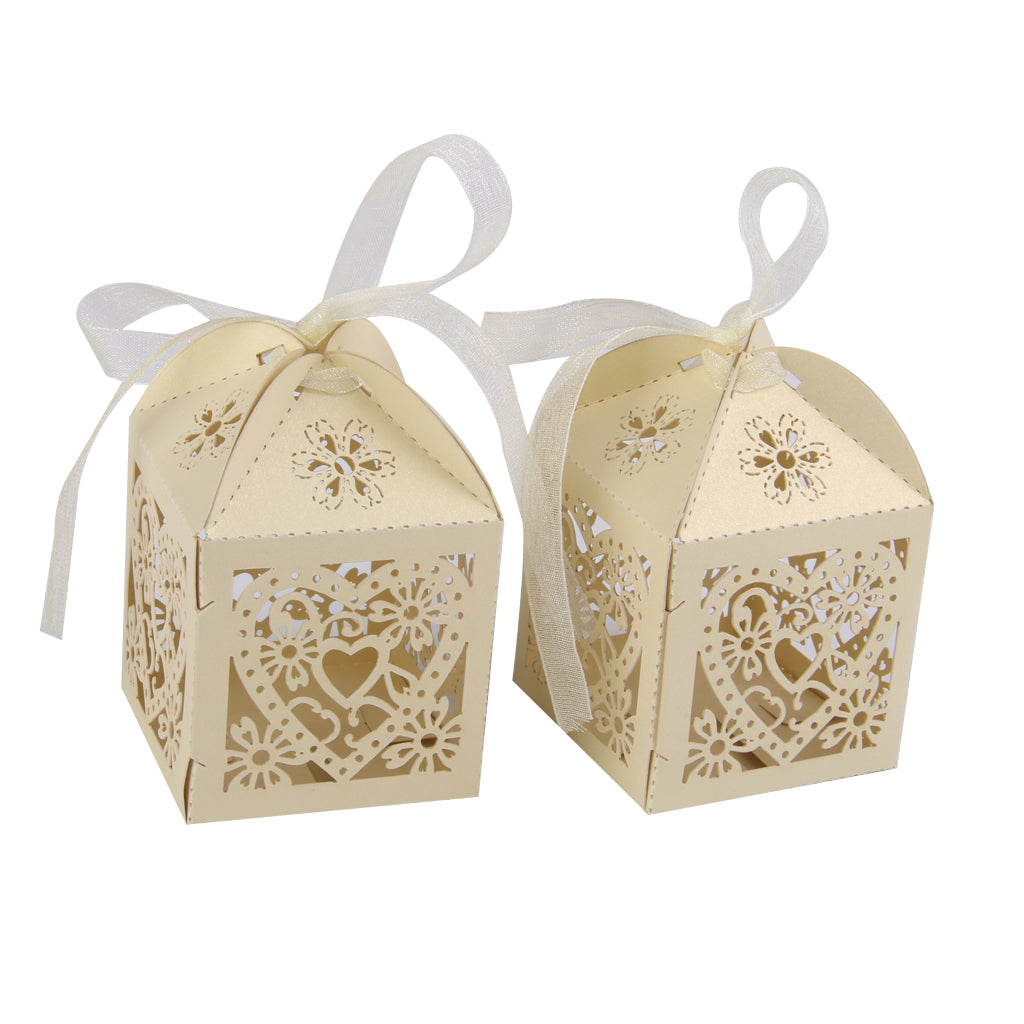 50pcs Wedding Candy Box Heart Laser Cut Candle Lampshade w/ Ribbon Beige