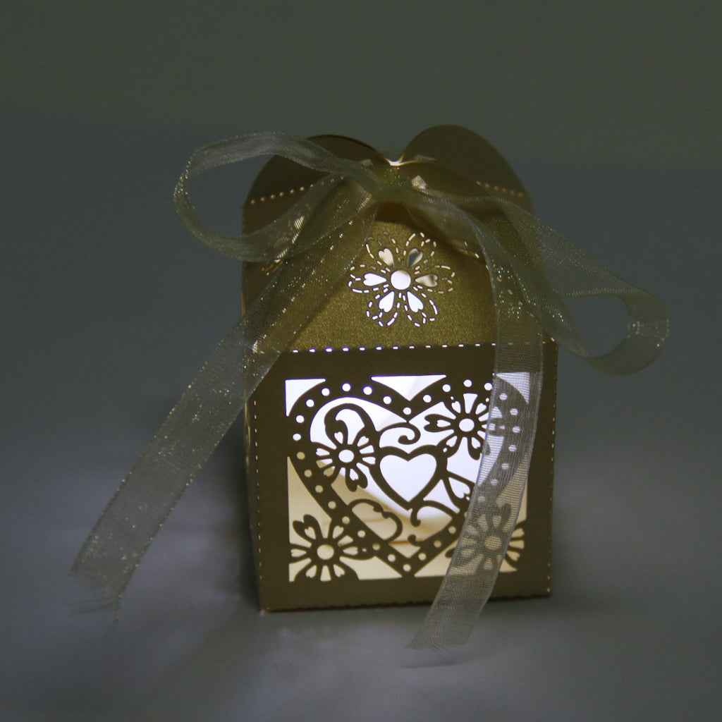 50pcs Wedding Candy Box Heart Laser Cut Candle Lampshade w/ Ribbon Beige