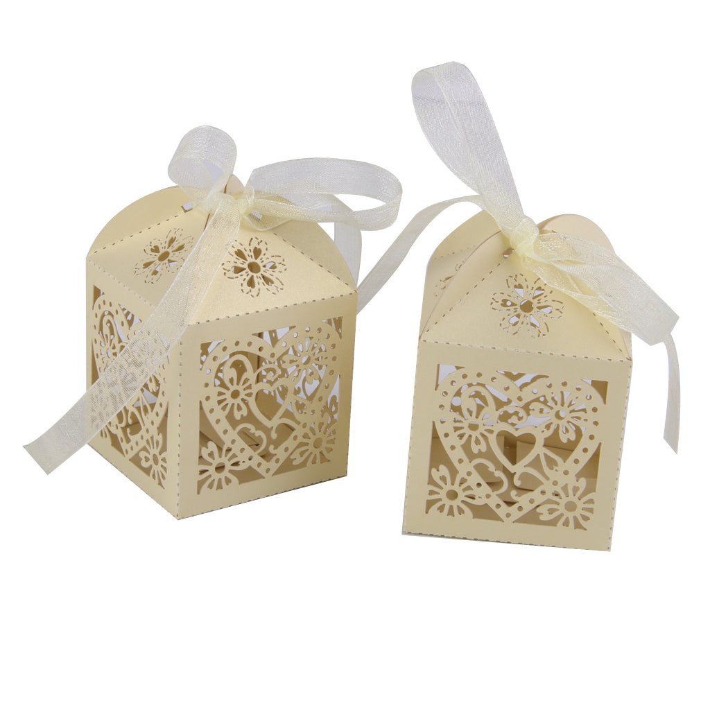 50pcs Wedding Candy Box Heart Laser Cut Candle Lampshade w/ Ribbon Beige