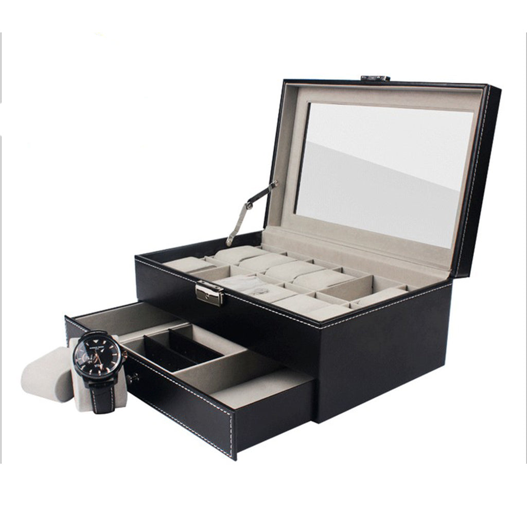 Leather 12 Slot Watch Box Glass Top Watch Jewelry Display Case Organizer