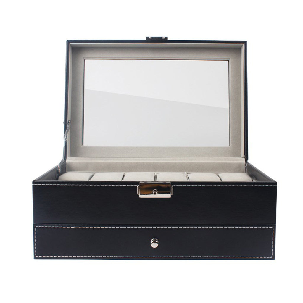 Leather 12 Slot Watch Box Glass Top Watch Jewelry Display Case Organizer