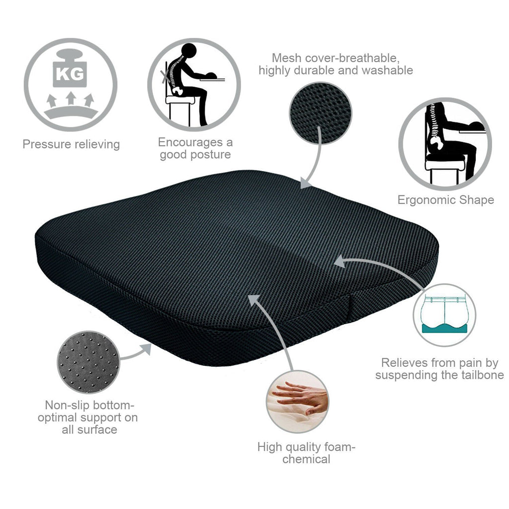 MemoryFoam Seat Pad Car Chair Seat Cushion Office Chair Wheelchair Mat Black