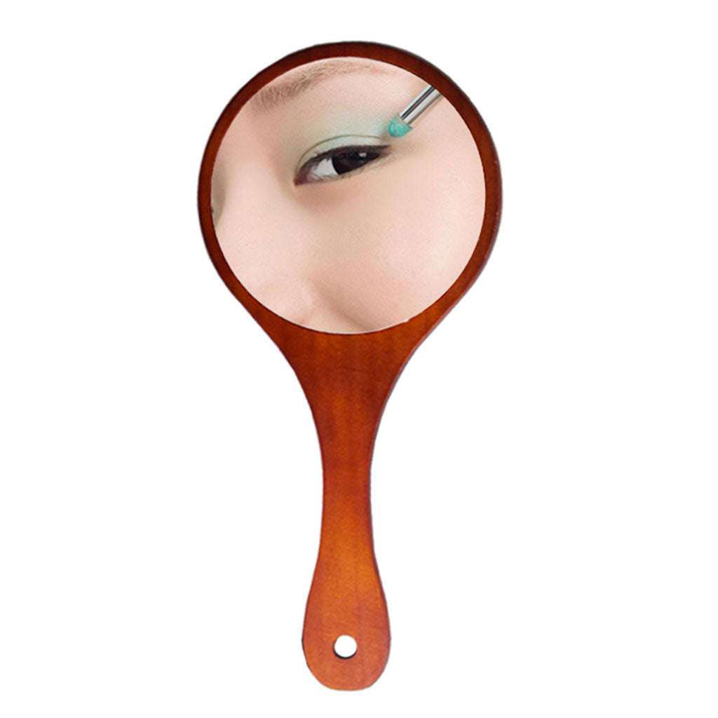 Portable Wooden Hand Vanity Mirror with Handle for Home Travel Dark Brown