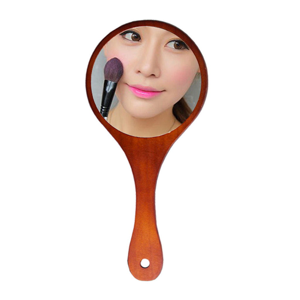 Portable Wooden Hand Vanity Mirror with Handle for Home Travel Dark Brown