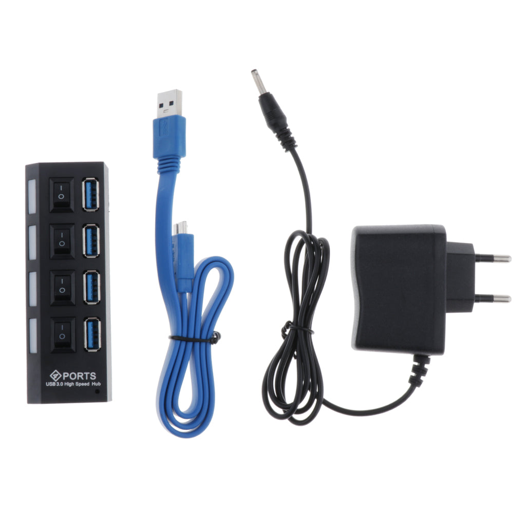 4 Port USB 3.0 Hub Switches + AC Power Adapter Cable for PC Laptop Black