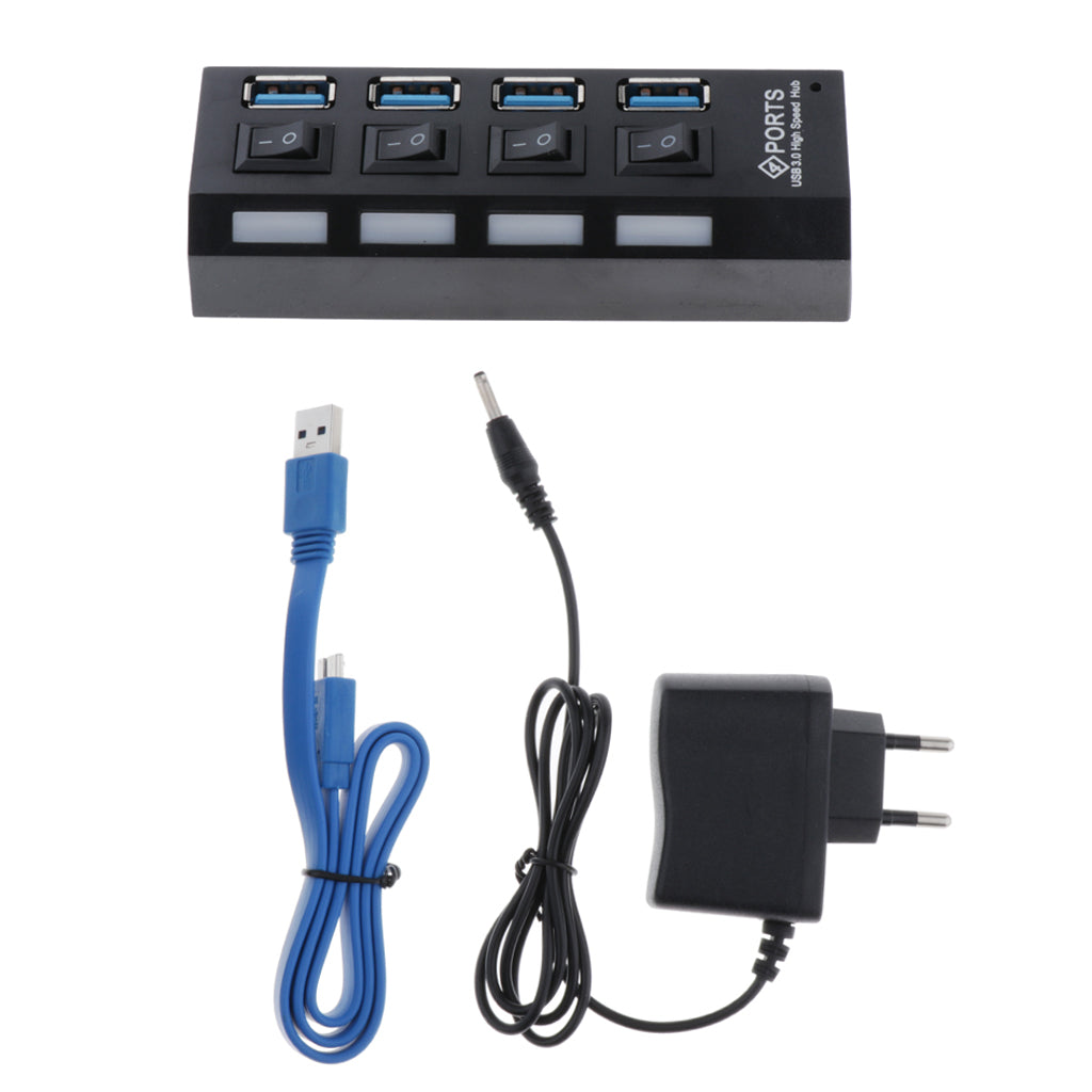 4 Port USB 3.0 Hub Switches + AC Power Adapter Cable for PC Laptop Black