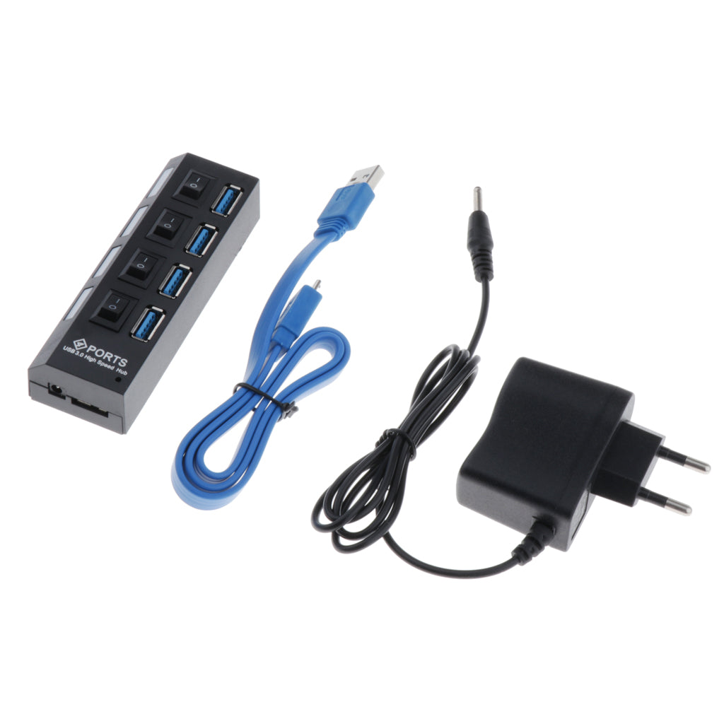 4 Port USB 3.0 Hub Switches + AC Power Adapter Cable for PC Laptop Black