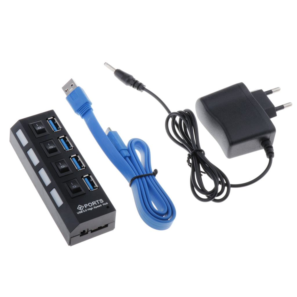 4 Port USB 3.0 Hub Switches + AC Power Adapter Cable for PC Laptop Black