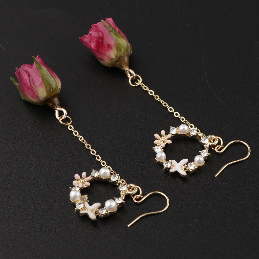 2pcs Women Fashion Flower Bud Dangle Earrings Pearl Beaded Earbob  Fushcia