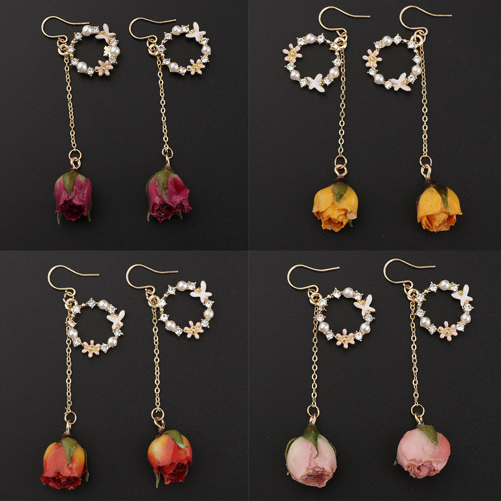 2pcs Women Fashion Flower Bud Dangle Earrings Pearl Beaded Earbob  Fushcia