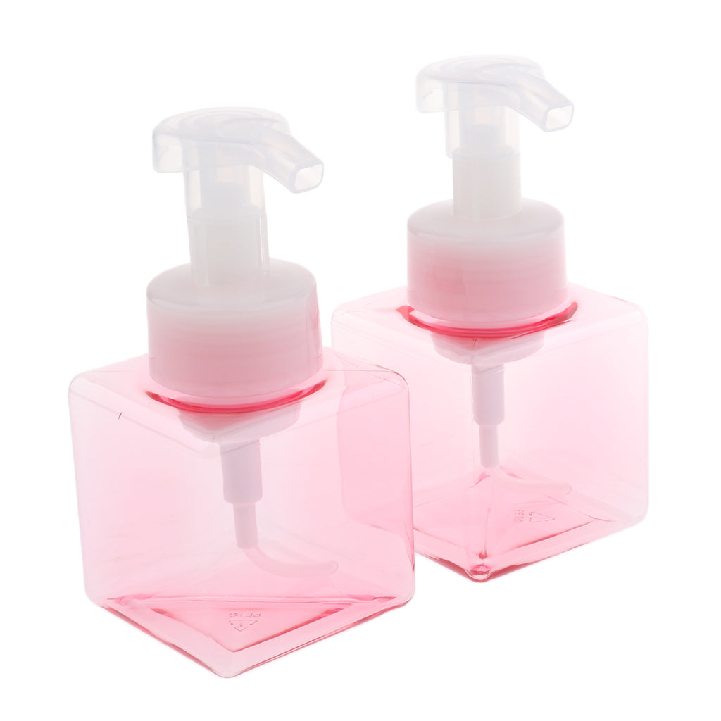 2Pcs 250ml Square Foam Lotion Pump Bottle Dispenser Vials Jar Clear Pink