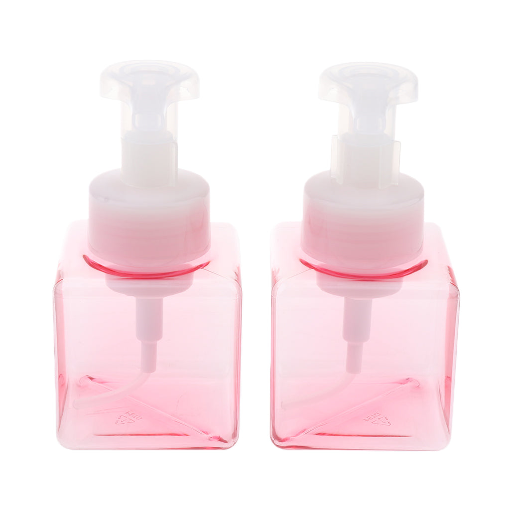 2Pcs 250ml Square Foam Lotion Pump Bottle Dispenser Vials Jar Clear Pink