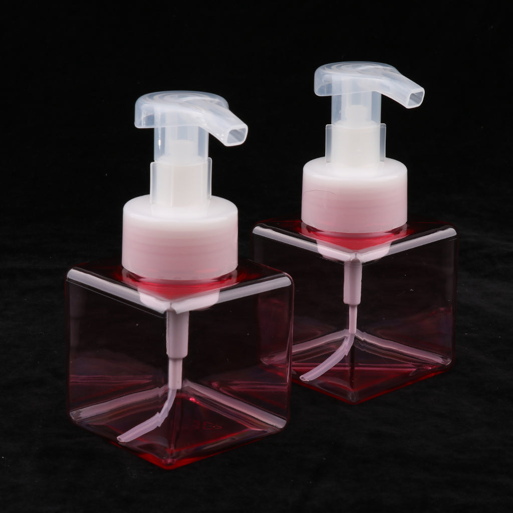 2Pcs 250ml Square Foam Lotion Pump Bottle Dispenser Vials Jar Clear Pink