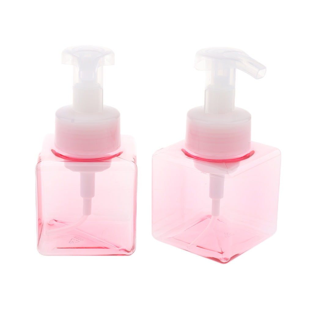 2Pcs 250ml Square Foam Lotion Pump Bottle Dispenser Vials Jar Clear Pink