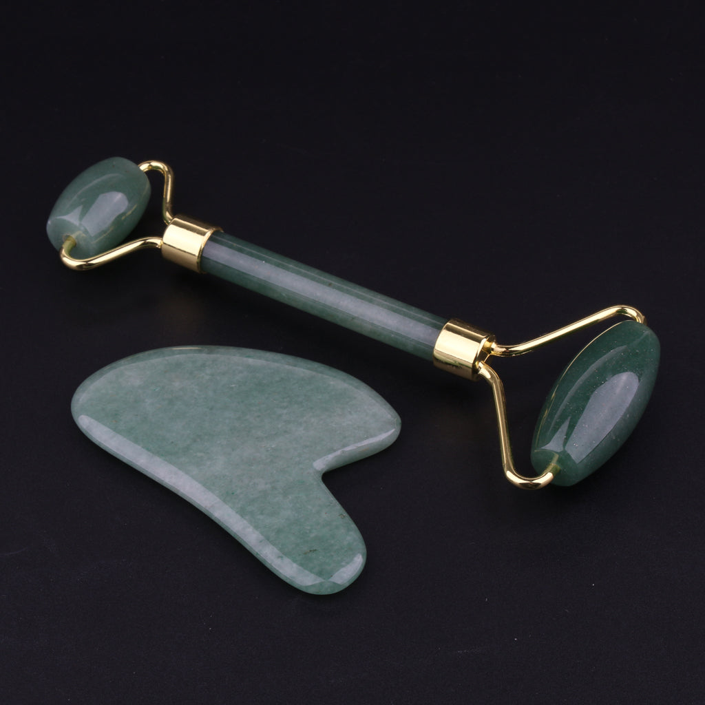 2pcs Jade Face Massage Double Roller Guasha Massager Board Set Green