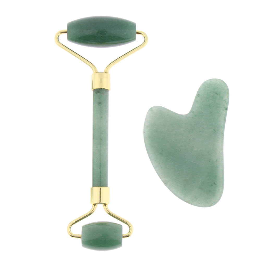 2pcs Jade Face Massage Double Roller Guasha Massager Board Set Green