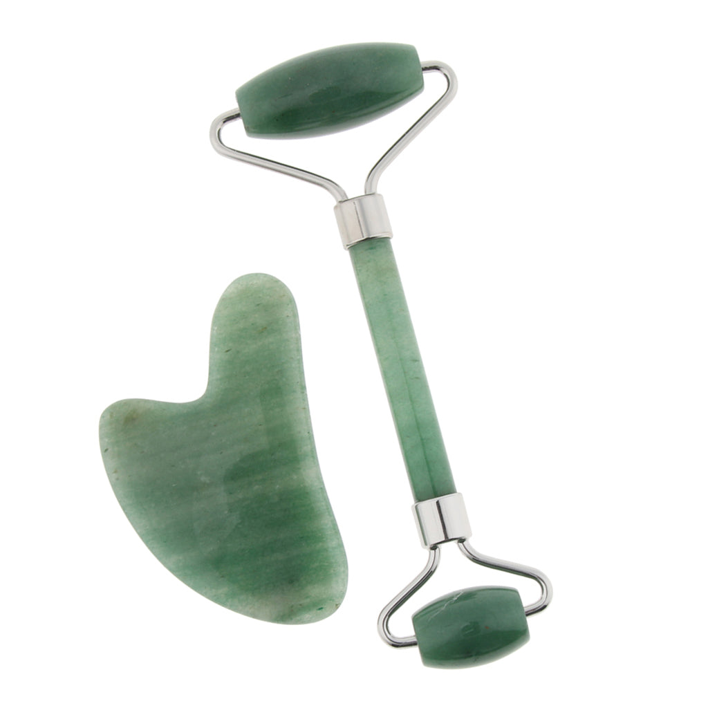 Natural Jade Facial Massage Double Roller Guasha Massager Board Set Silver