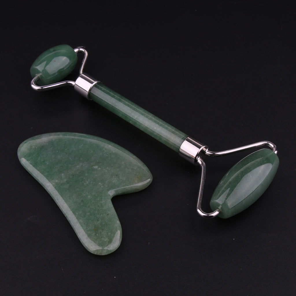 Natural Jade Facial Massage Double Roller Guasha Massager Board Set Silver