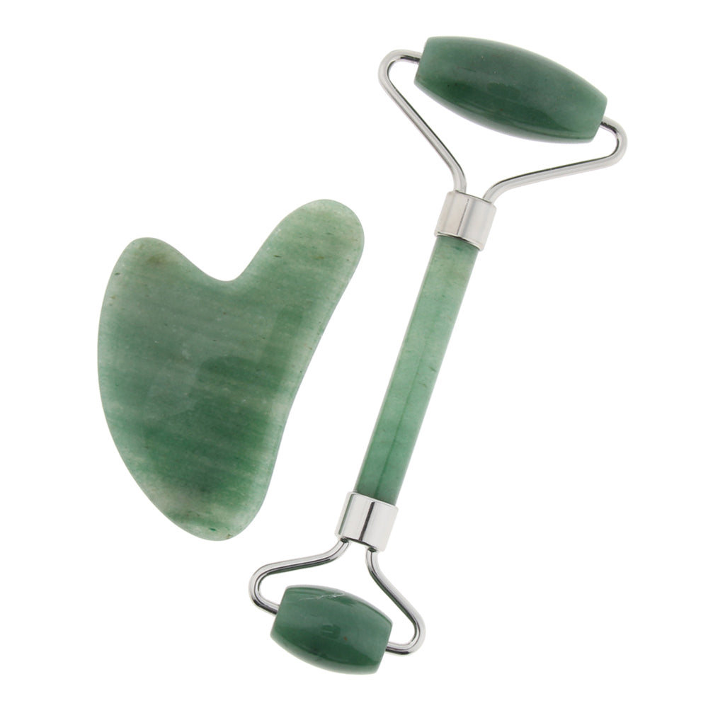 Natural Jade Facial Massage Double Roller Guasha Massager Board Set Silver