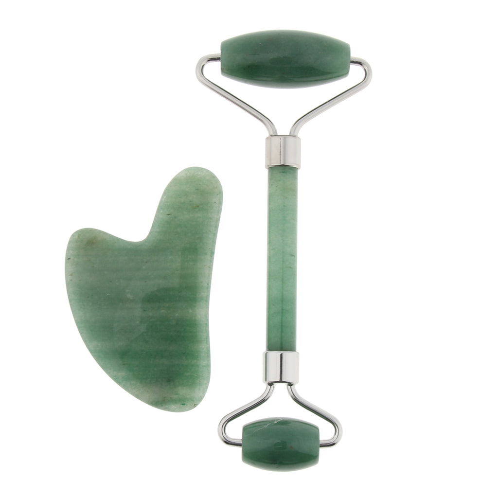 Natural Jade Facial Massage Double Roller Guasha Massager Board Set Silver