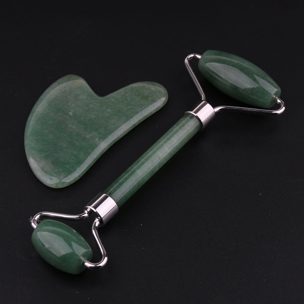 Natural Jade Facial Massage Double Roller Guasha Massager Board Set Silver