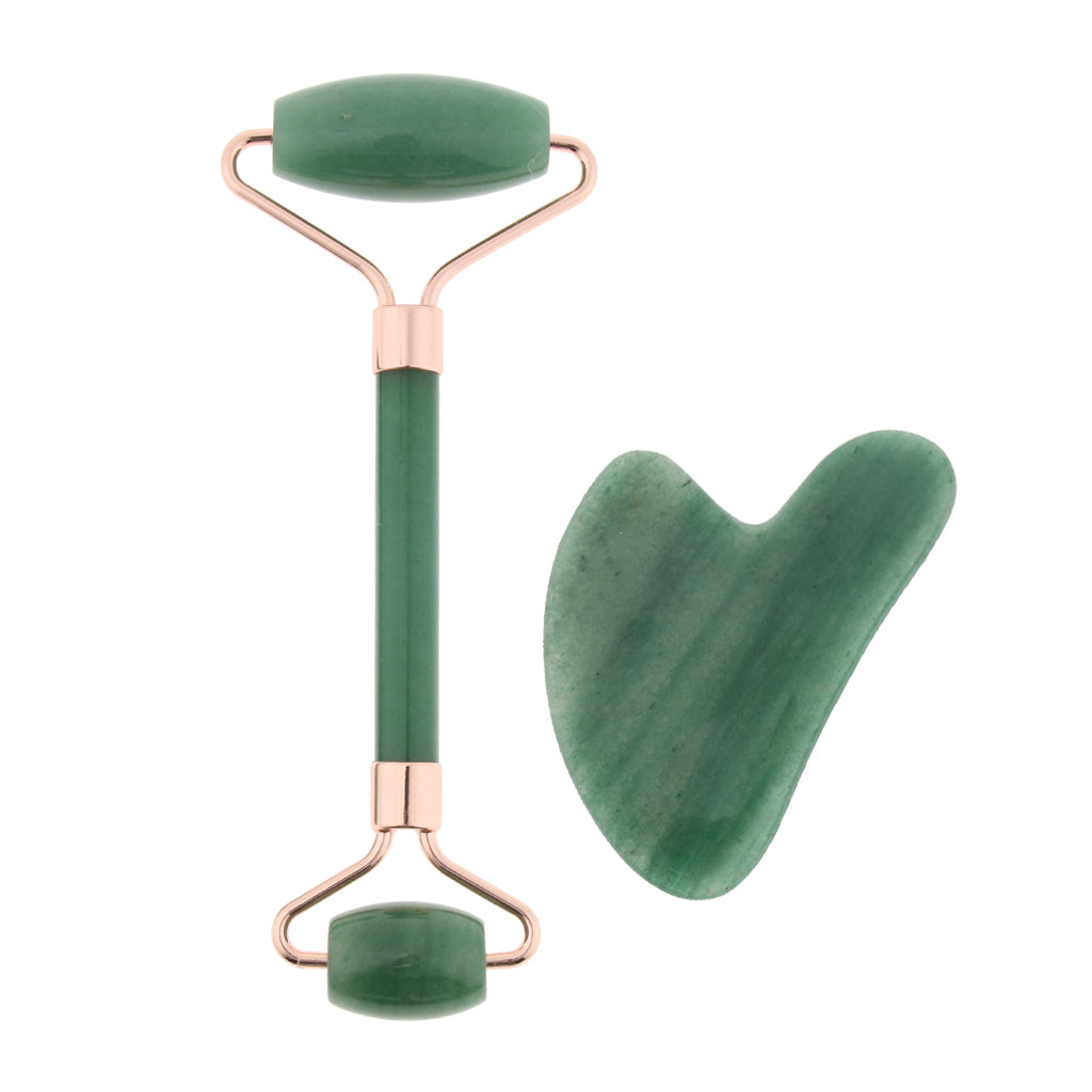 Natural Jade Facial Massage Double Roller Guasha Massager Board Set Rose Gold