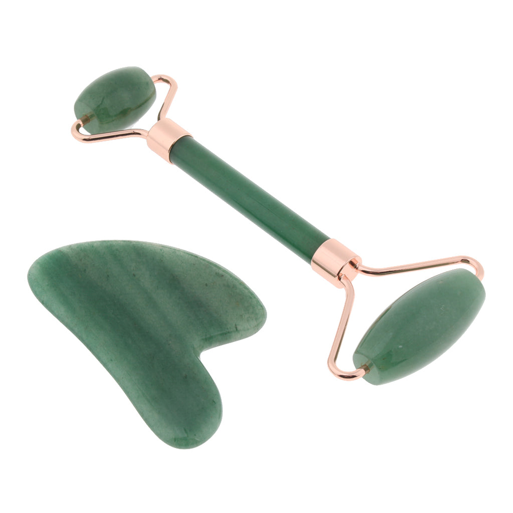 Natural Jade Facial Massage Double Roller Guasha Massager Board Set Rose Gold