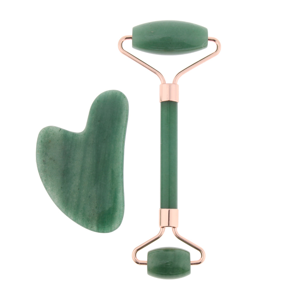 Natural Jade Facial Massage Double Roller Guasha Massager Board Set Rose Gold