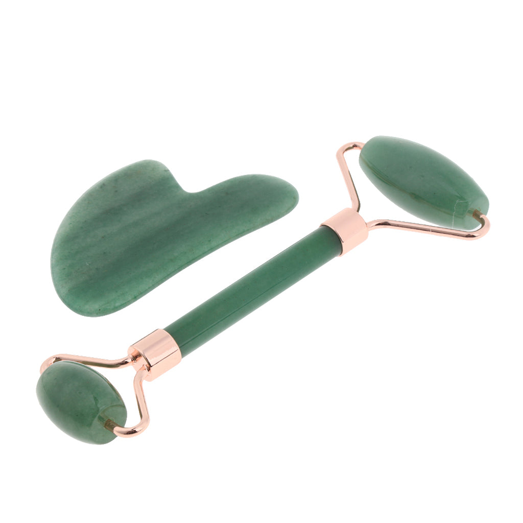 Natural Jade Facial Massage Double Roller Guasha Massager Board Set Rose Gold