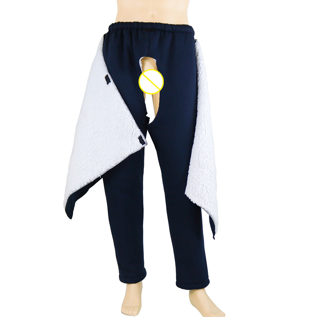 Incontinence Bedridden Patients Cloth Open Crotch Trouser Pants Blue M