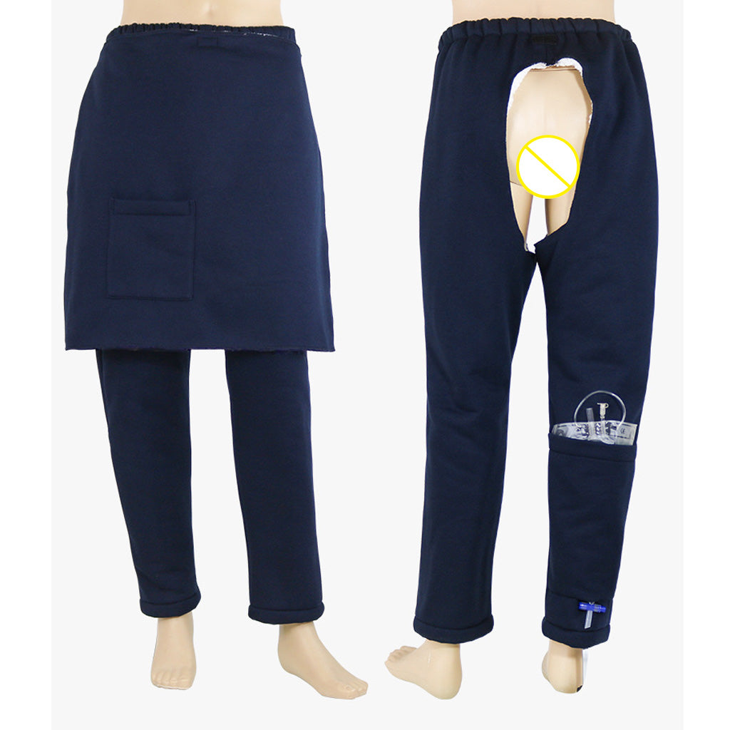 Incontinence Bedridden Patients Cloth Open Crotch Trouser Pants Blue M