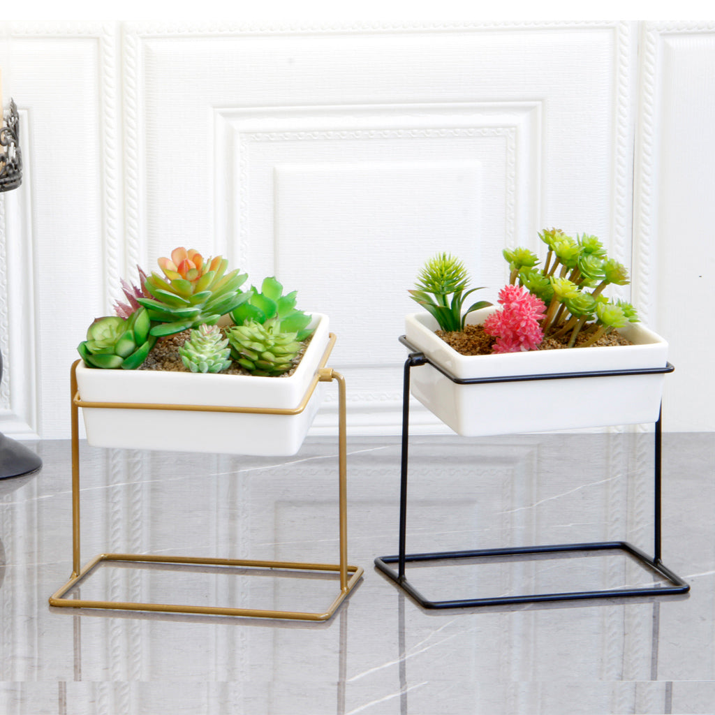 Desktop Rotating Ceramic Planter Succulent Pot with Metal Stand Holder Gold