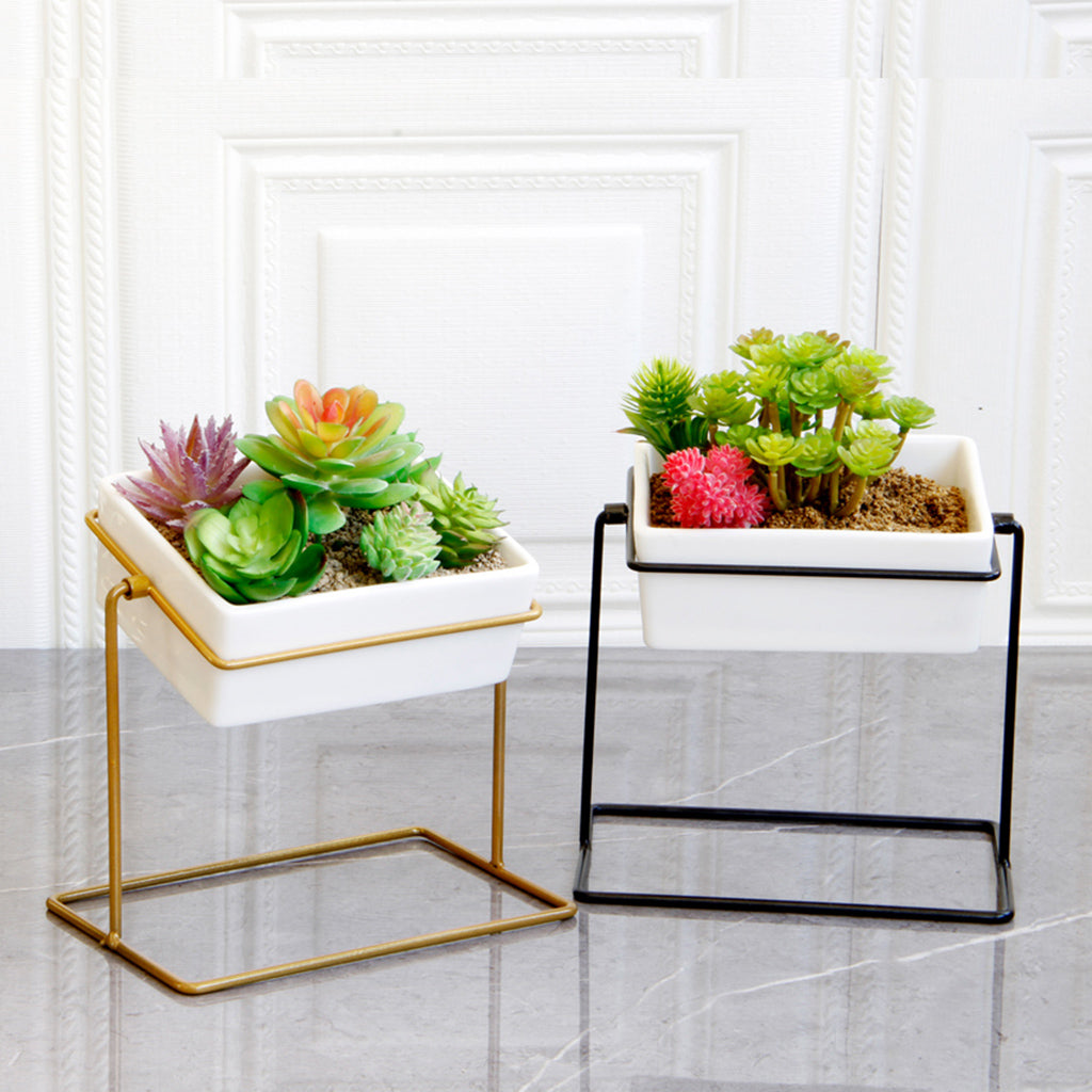 Desktop Rotating Ceramic Planter Succulent Pot with Metal Stand Holder Gold