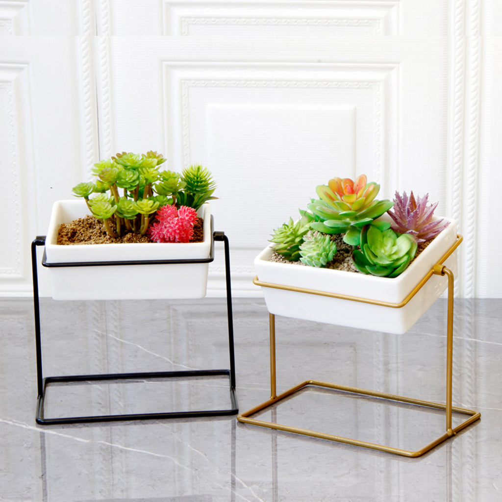 Desktop Rotating Ceramic Planter Succulent Pot with Metal Stand Holder Gold