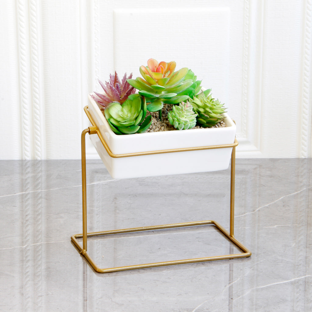 Desktop Rotating Ceramic Planter Succulent Pot with Metal Stand Holder Gold