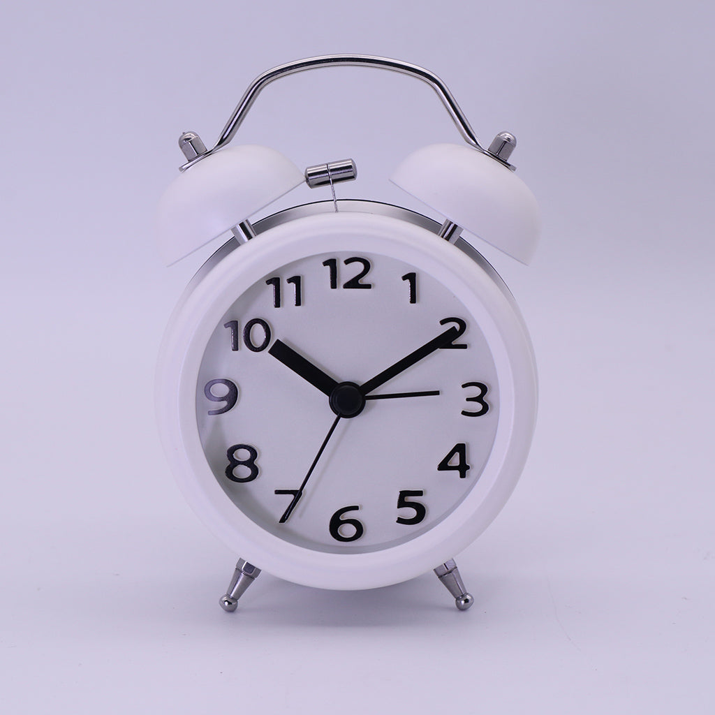 Travel Non-ticking Classic Analog Twin Bell Alarm Clock with Backlight White