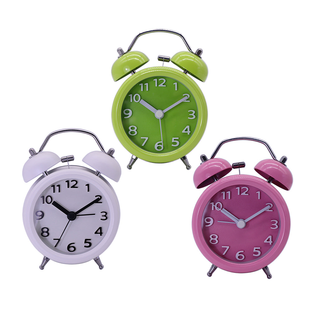 Travel Non-ticking Classic Analog Twin Bell Alarm Clock with Backlight White