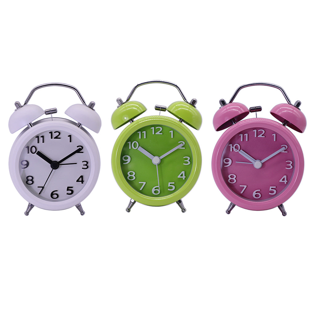 Travel Non-ticking Classic Analog Twin Bell Alarm Clock with Backlight White