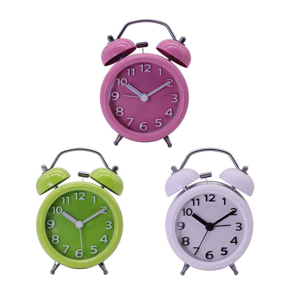 Travel Non-ticking Classic Analog Twin Bell Alarm Clock with Backlight White