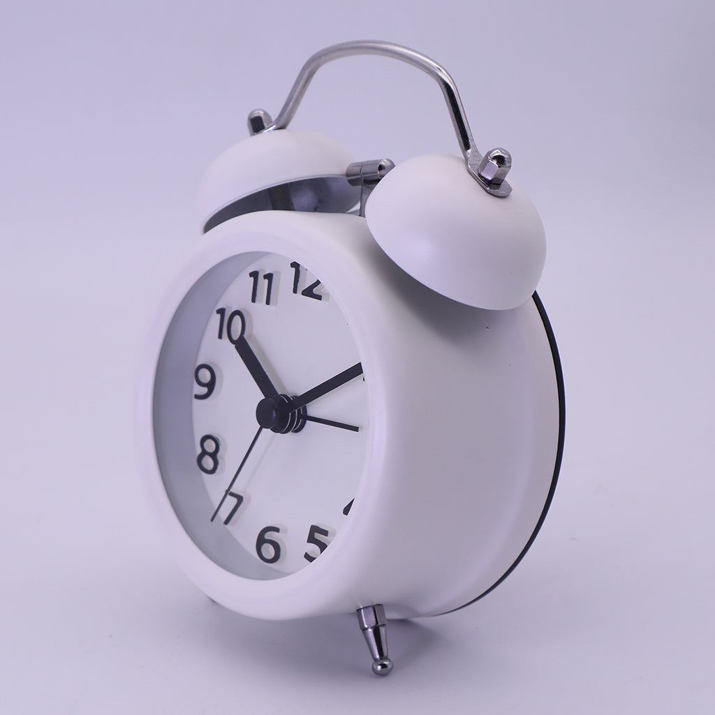 Travel Non-ticking Classic Analog Twin Bell Alarm Clock with Backlight White