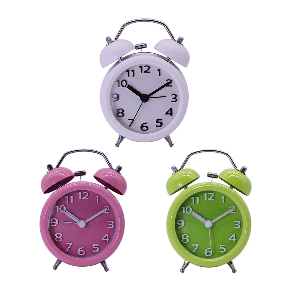 Travel Non-ticking Classic Analog Twin Bell Alarm Clock with Backlight White