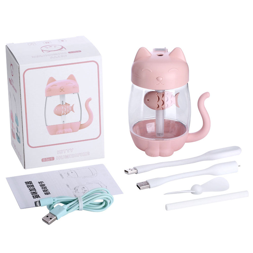 3 In 1 USB Cute Cat Air Humidifier Cool Mist Maker Mini Humidifier  Pink