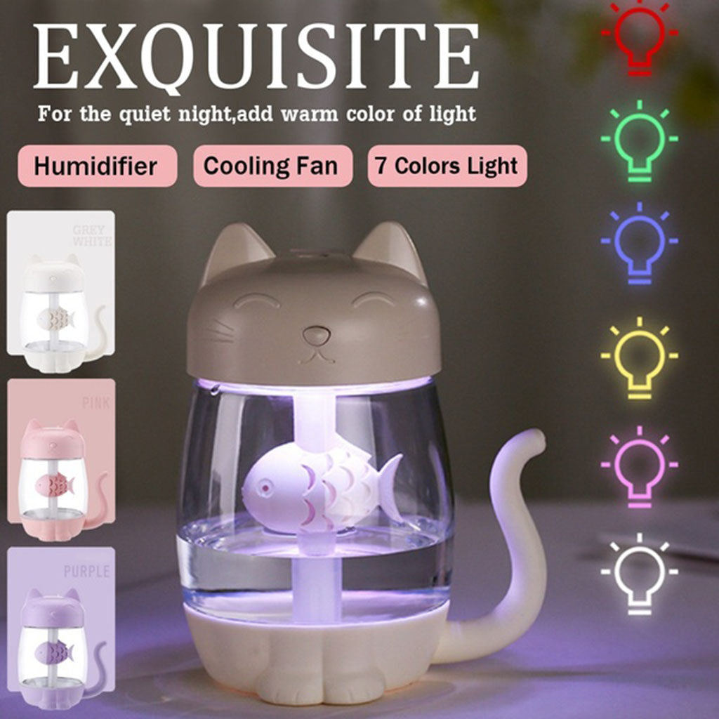 3 In 1 USB Cute Cat Air Humidifier Cool Mist Maker Mini Humidifier  White